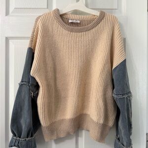 eesome Beige Knit Sweater with Denim-Style Blue Sleeves